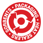 red circle logo with white text in circular path reading packaging, sorbents, and heat sealers