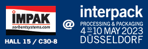 small banner on blue announcing Impack Corporation atending packaing tradeshow interpack