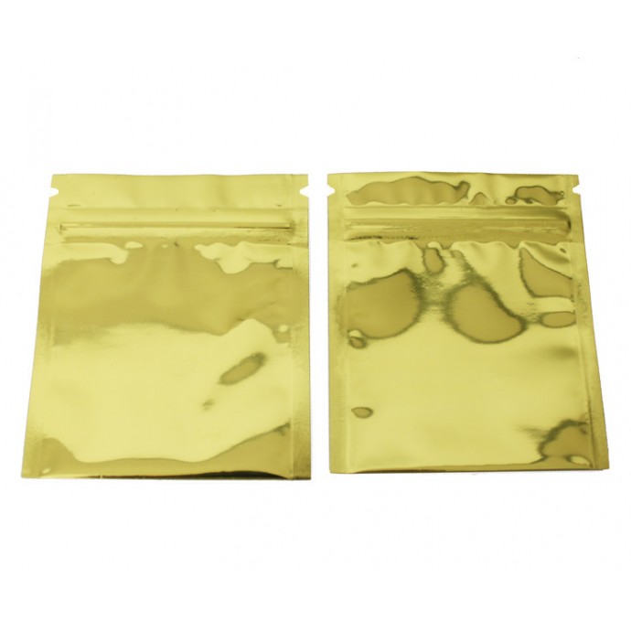 3.4" x 4.0" Gold MylarFoil Pouch with ZipSeal - Tear Notch + Fold Over Bottom