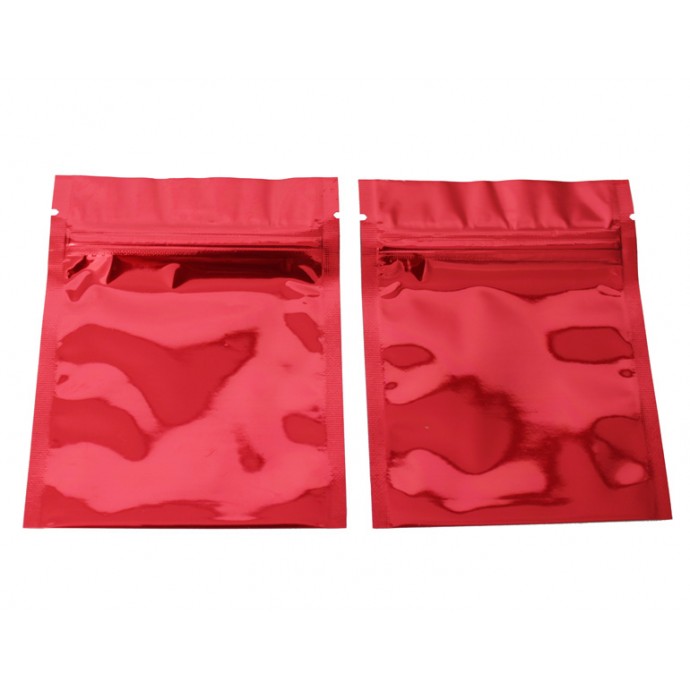 3.4" x 4.0" Red MylarFoil Pouch with ZipSeal - Tear Notch + Fold Over Bottom