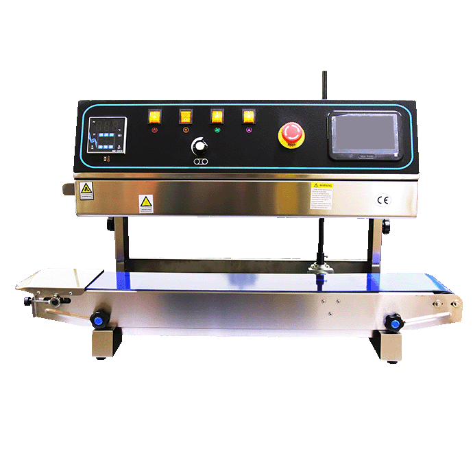 Vertical Tabletop stainless steel band sealer left to right