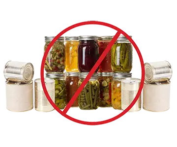 pile of cans and jars with a red circle with cross through it to find a better way