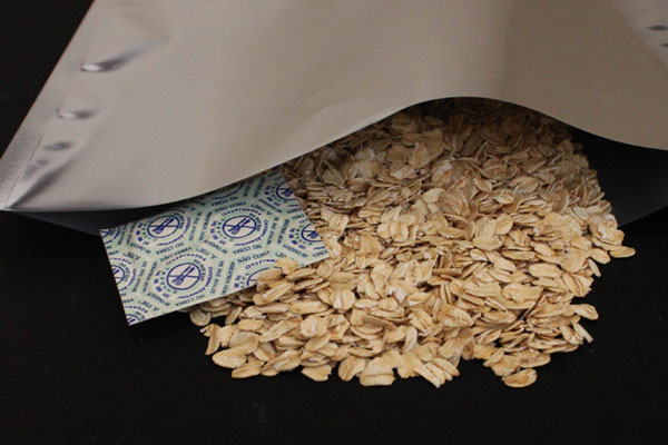 mylar bag with oatmeal in it along with an oxygen scavenger