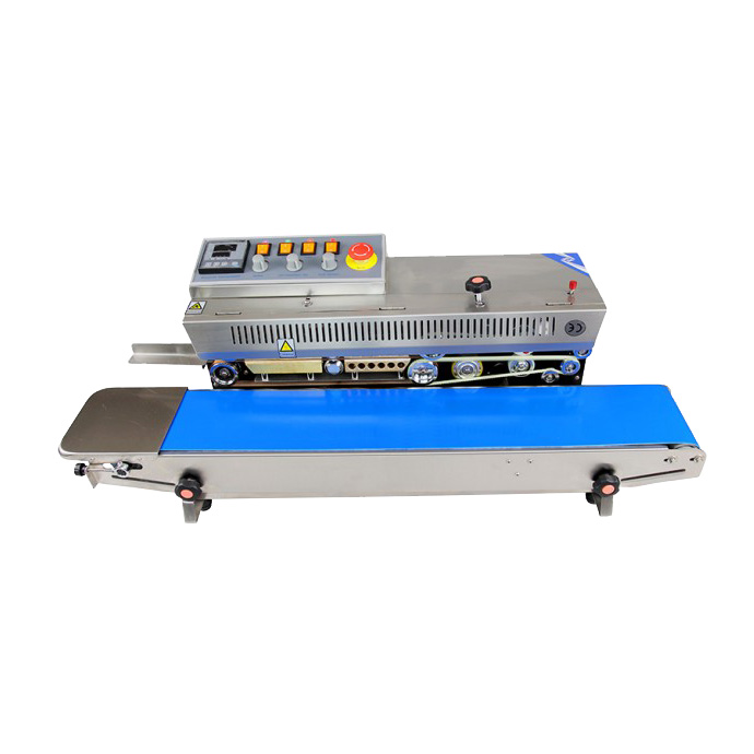 Horizontal stainless steel band sealer with emboss printer - left to right