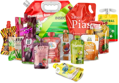 custom printed SpoutPAK family examples line of various color and style liquid packaging options